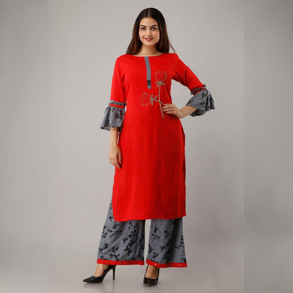 Rayon Embellished, Solid Red Kurta With Palazzo Set - Frionkandy