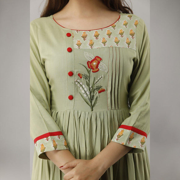 Green Rayon Embroidered, Pintuck Ankle Length Kurta - Frionkandy