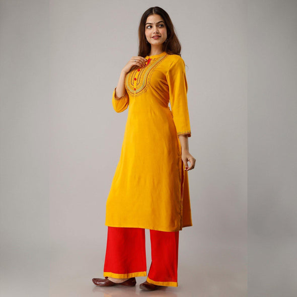 Rayon Embroidered Yellow Kurta With Palazzo Set - Frionkandy