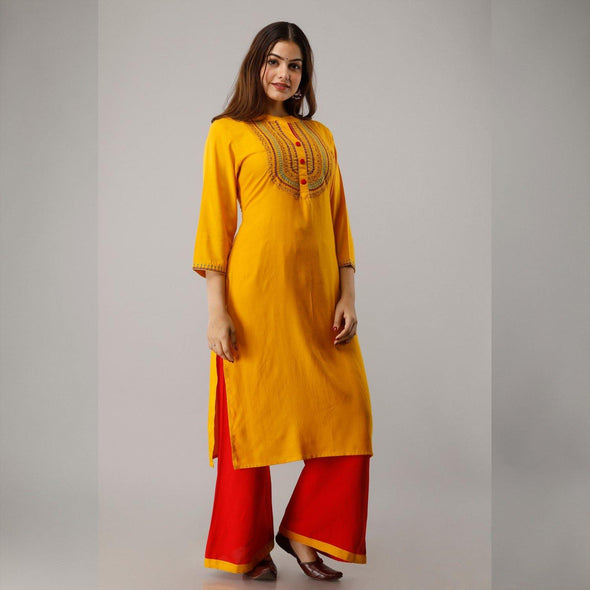 Rayon Embroidered Yellow Kurta With Palazzo Set - Frionkandy
