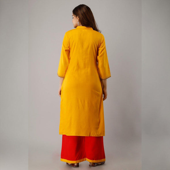 Rayon Embroidered Yellow Kurta With Palazzo Set - Frionkandy