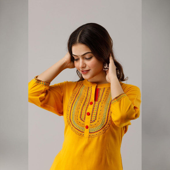 Rayon Embroidered Yellow Kurta With Palazzo Set - Frionkandy