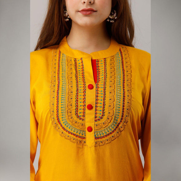 Rayon Embroidered Yellow Kurta With Palazzo Set - Frionkandy