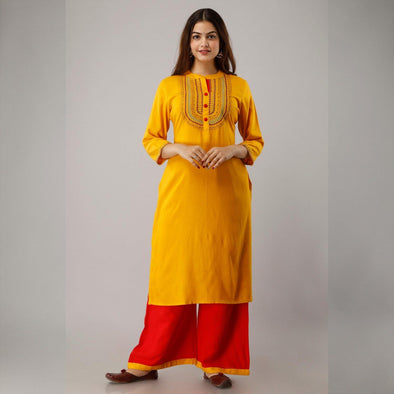 Rayon Embroidered Yellow Kurta With Palazzo Set - Frionkandy