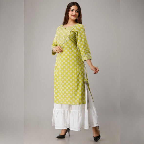 Pure Cotton Printed Green Kurta With Palazzo Set - Frionkandy