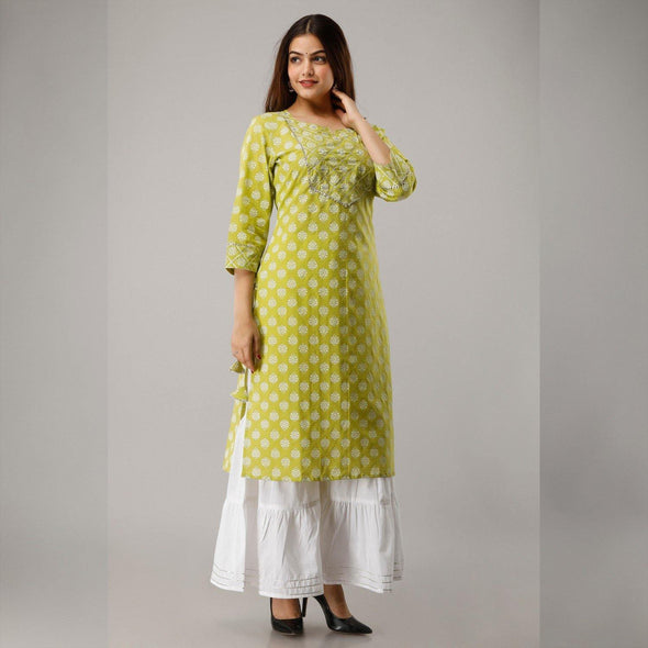 Pure Cotton Printed Green Kurta With Palazzo Set - Frionkandy