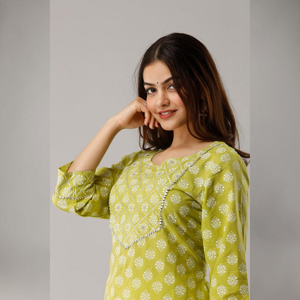 Pure Cotton Printed Green Kurta With Palazzo Set - Frionkandy