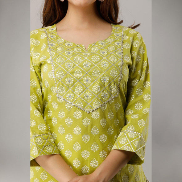 Pure Cotton Printed Green Kurta With Palazzo Set - Frionkandy