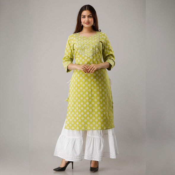 Pure Cotton Printed Green Kurta With Palazzo Set - Frionkandy