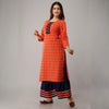 Orange Cotton Slub Kurta with Dark Blue Rayon Palazzo - Frionkandy