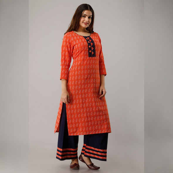 Orange Cotton Slub Kurta with Dark Blue Rayon Palazzo - Frionkandy