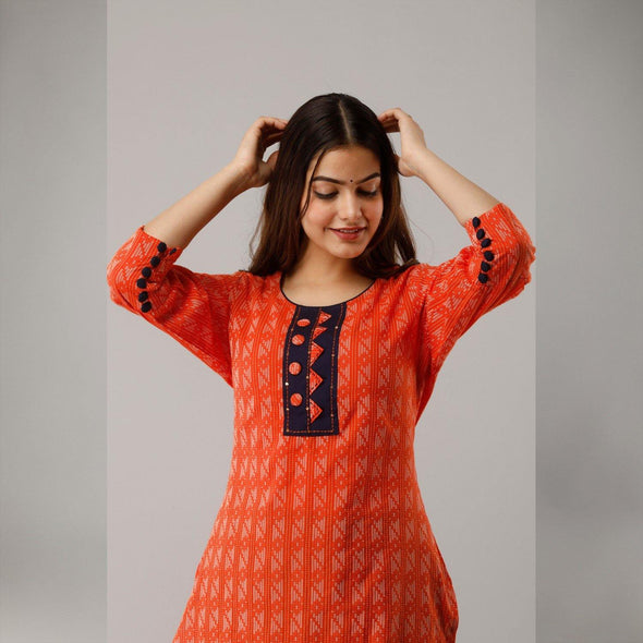 Orange Cotton Slub Kurta with Dark Blue Rayon Palazzo - Frionkandy