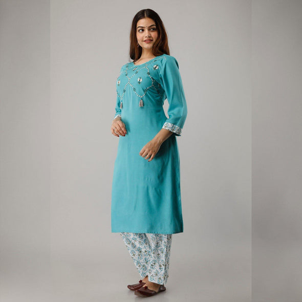 Pure Cotton Embroidered, Solid Turquoise Blue Kurta With Pant Set - Frionkandy