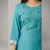 Pure Cotton Embroidered, Solid Turquoise Blue Kurta With Pant Set - Frionkandy
