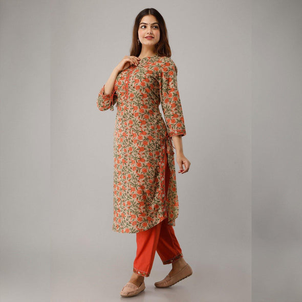 Pure Cotton Embroidered, Printed Orange Kurta With Pant Set - Frionkandy