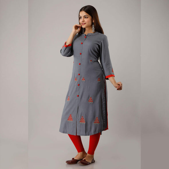 Steel Grey Embroidered Rayon Kurti - Frionkandy