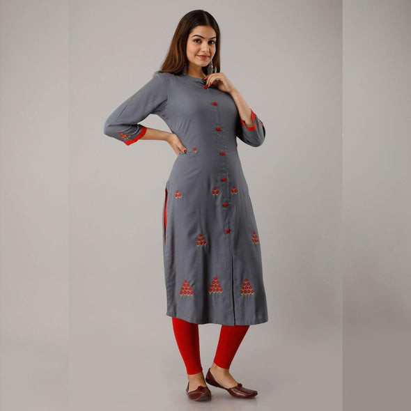 Steel Grey Embroidered Rayon Kurti - Frionkandy