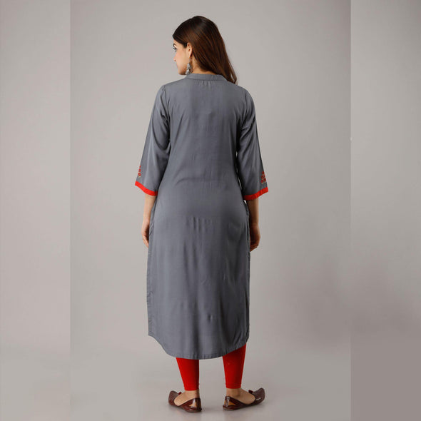 Steel Grey Embroidered Rayon Kurti - Frionkandy