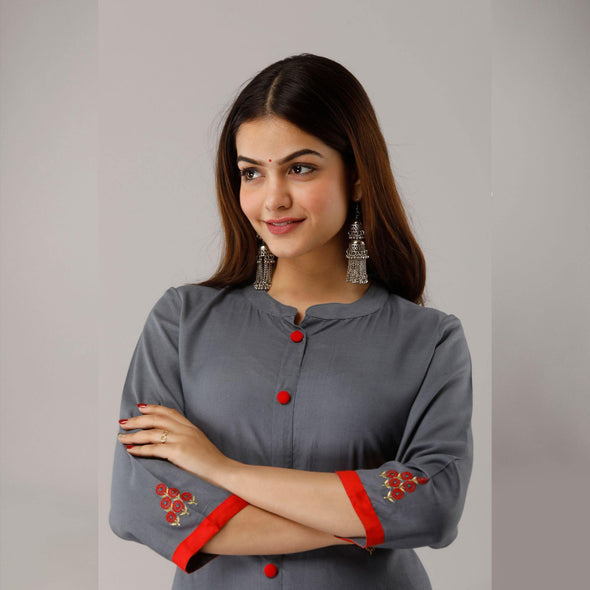 Steel Grey Embroidered Rayon Kurti - Frionkandy