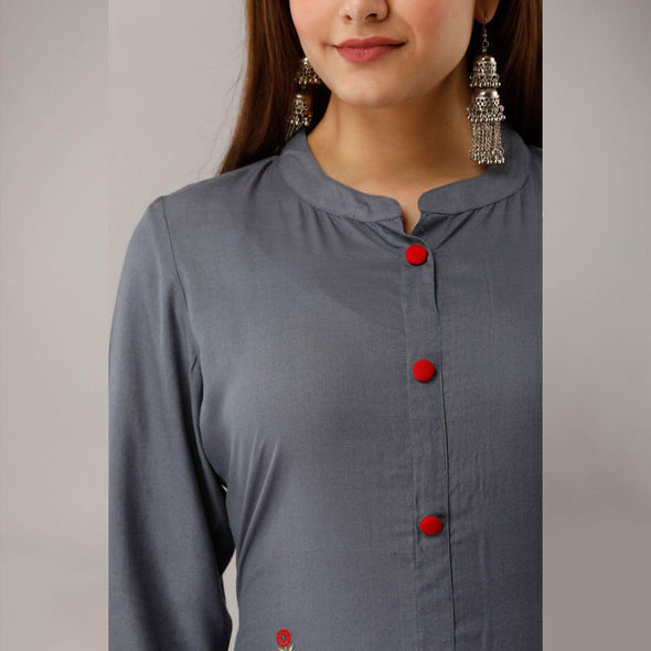 Steel Grey Embroidered Rayon Kurti - Frionkandy