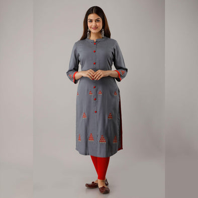 Steel Grey Embroidered Rayon Kurti - Frionkandy