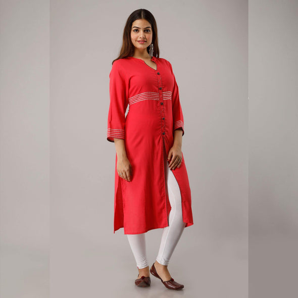 Solid Rayon Calf Length Red Kurta - Frionkandy