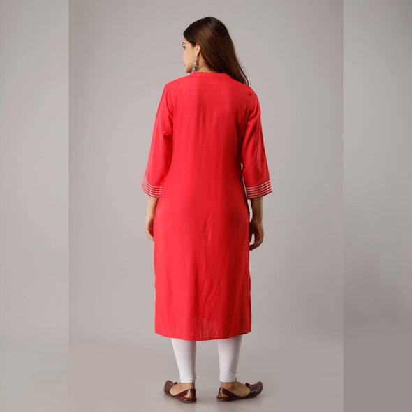 Solid Rayon Calf Length Red Kurta - Frionkandy