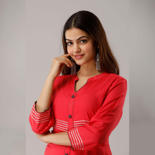Solid Rayon Calf Length Red Kurta - Frionkandy