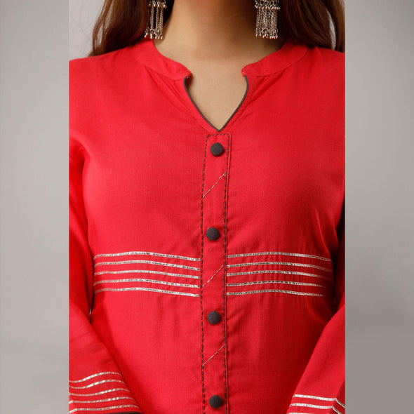 Solid Rayon Calf Length Red Kurta - Frionkandy