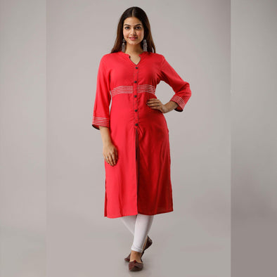 Solid Rayon Calf Length Red Kurta - Frionkandy