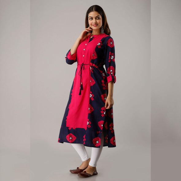 Pink Bandhej Print Rayon Kurti - Frionkandy