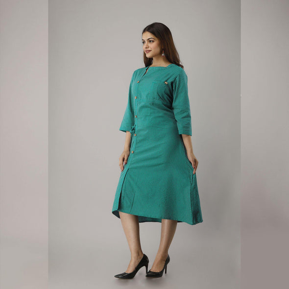 Turquoise Blue Cotton Blend Designer Calf Long Kurta With Front Slit and Tie-up Detail - Frionkandy
