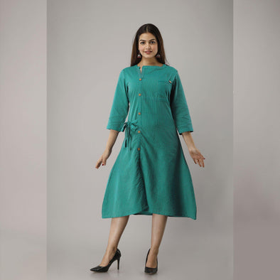 Turquoise Blue Cotton Blend Designer Calf Long Kurta With Front Slit and Tie-up Detail - Frionkandy