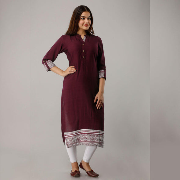 Wine White Print Border Straight Kurti - Frionkandy