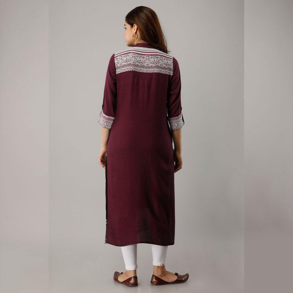Rayon Straight Casual Calf Length Maroon Kurta for Women - Frionkandy