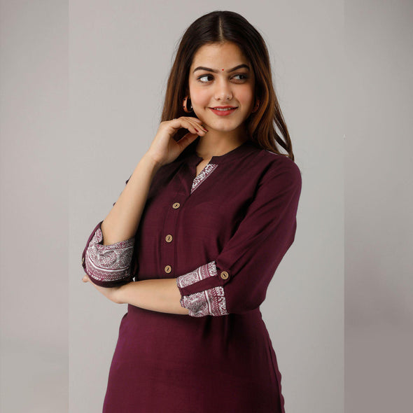 Rayon Straight Casual Calf Length Maroon Kurta for Women - Frionkandy