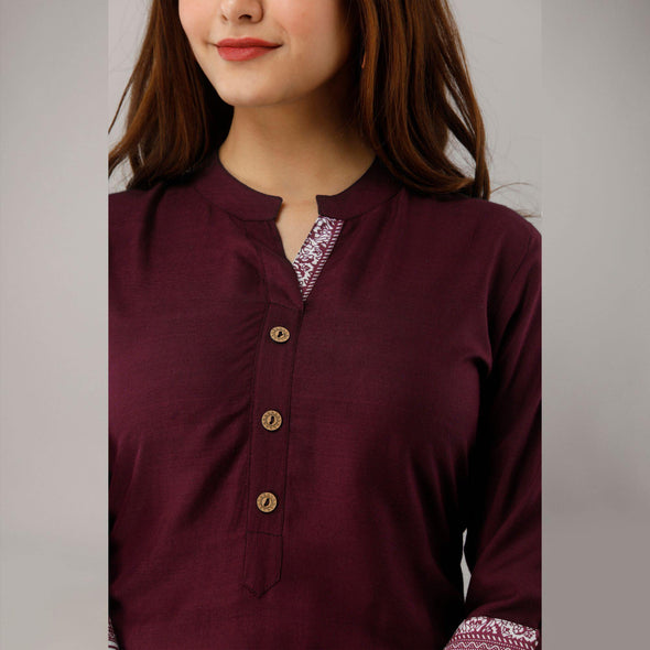 Rayon Straight Casual Calf Length Maroon Kurta for Women - Frionkandy