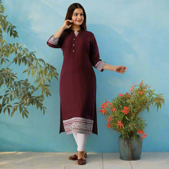Rayon Straight Casual Calf Length Maroon Kurta for Women - Frionkandy