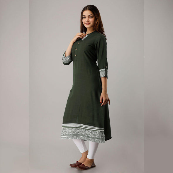 Rayon Straight Casual Calf Length Dark Green Kurta for Women - Frionkandy