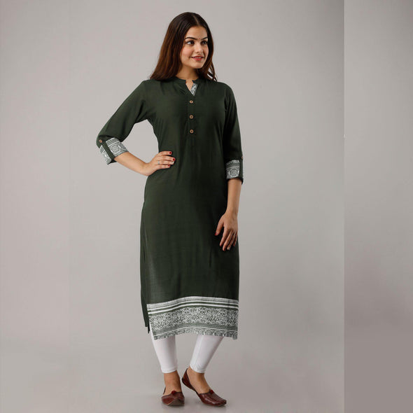 Rayon Straight Casual Calf Length Dark Green Kurta for Women - Frionkandy