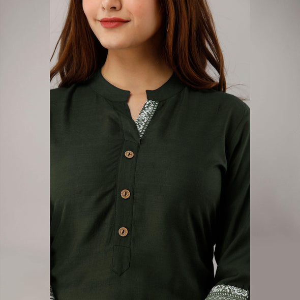 Rayon Straight Casual Calf Length Dark Green Kurta for Women - Frionkandy