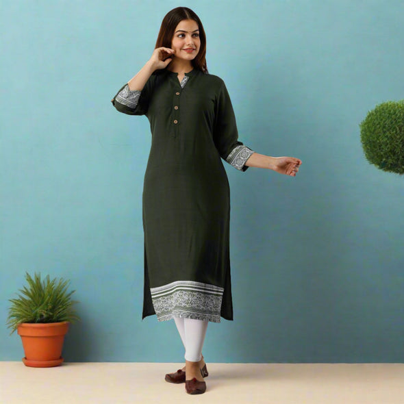 Rayon Straight Casual Calf Length Dark Green Kurta for Women - Frionkandy