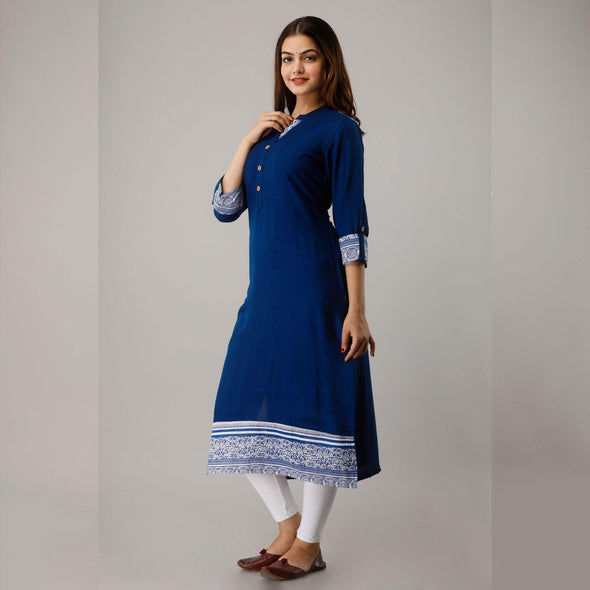 Rayon Straight Casual Calf Length Royal Blue Kurta for Women - Frionkandy