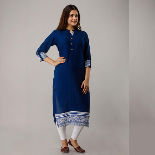 Rayon Straight Casual Calf Length Royal Blue Kurta for Women - Frionkandy