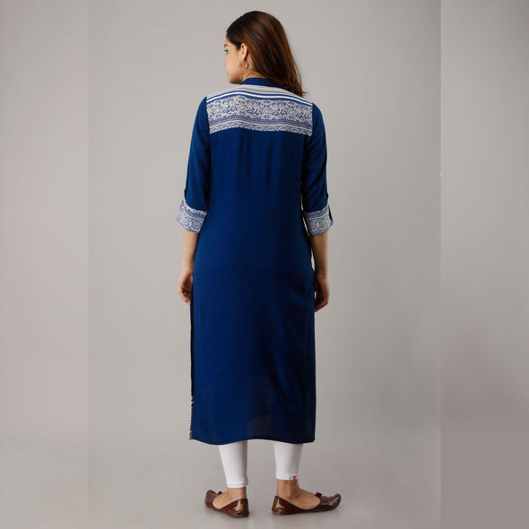 Royal Blue Border Print Solid Kurta - Frionkandy