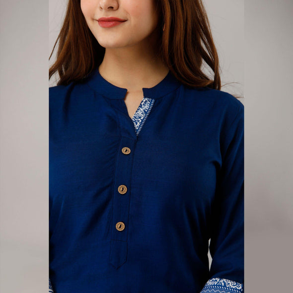 Rayon Straight Casual Calf Length Royal Blue Kurta for Women - Frionkandy