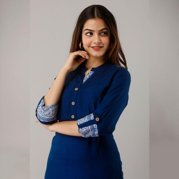 Rayon Straight Casual Calf Length Royal Blue Kurta for Women - Frionkandy