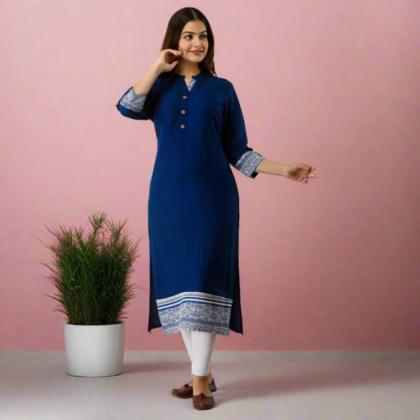 Rayon Straight Casual Calf Length Royal Blue Kurta for Women - Frionkandy