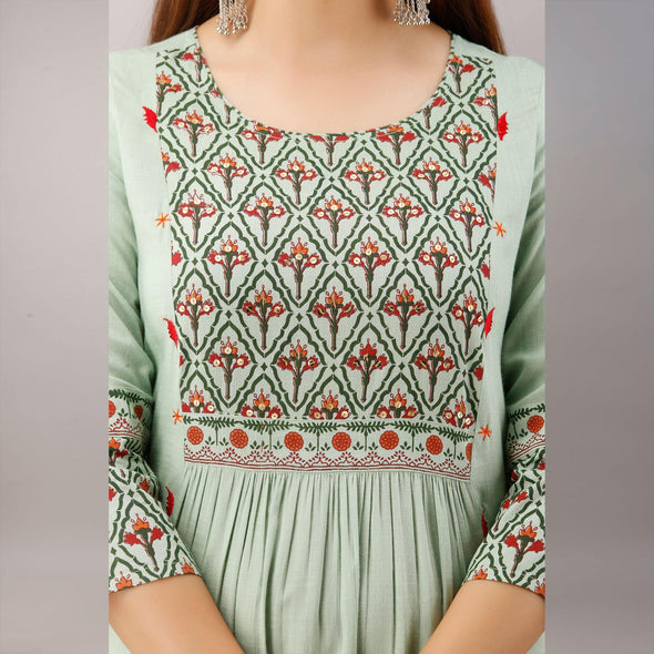 Neo Mint Block Printed Cotton Kurti - Frionkandy