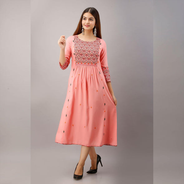 Salmon Embroidered Rayon Kurti - Frionkandy